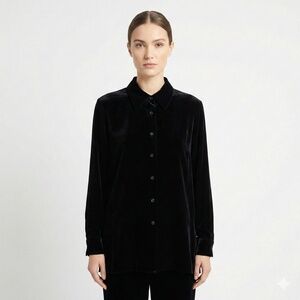 SILKLAND Rayon & Silk Blend Black Velvet Button Front Long Sleeve Shirt Sz 1X